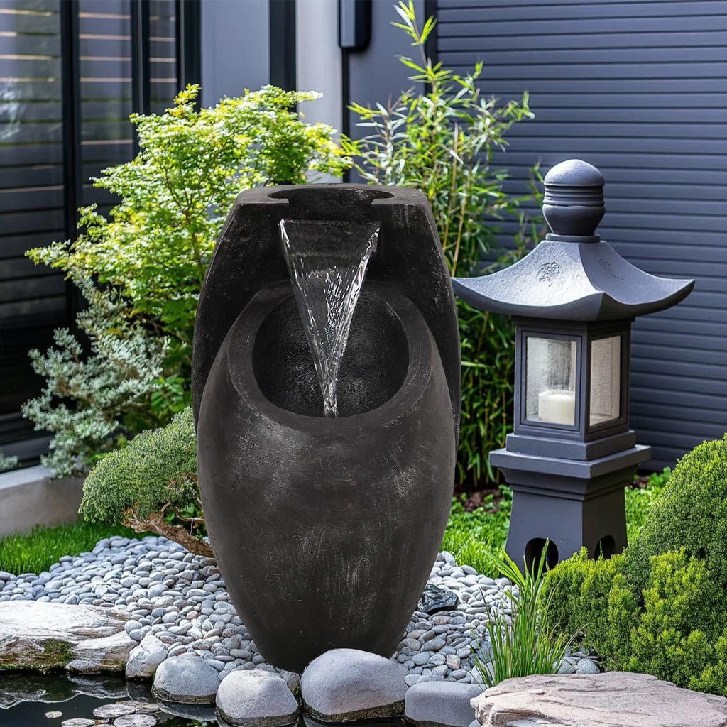 Backyard Water Fountain – 21.5' Tall Floor Standing Fountain, Indoor/Outdoor Modern Two-Tier Waterfall for Garden, Patio, or Yard Décor