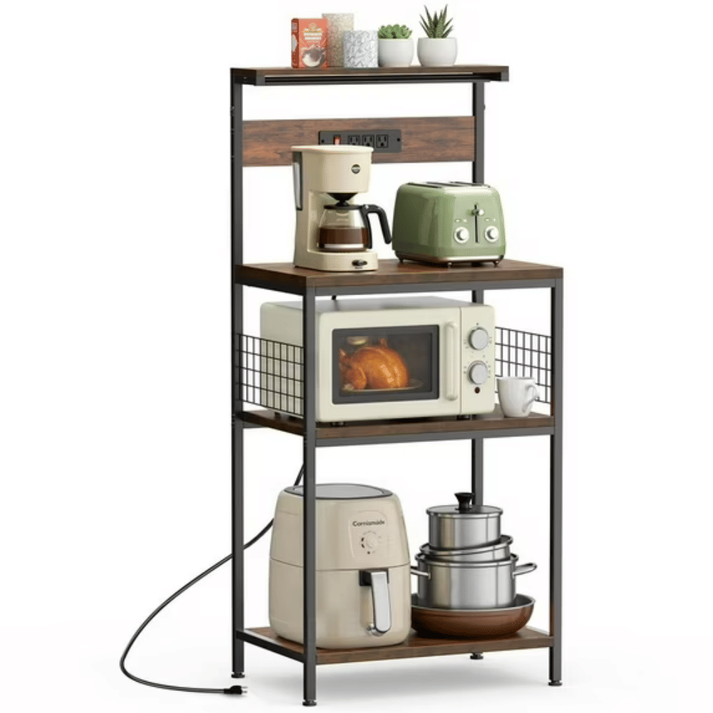Bakers Rack with Power Outlet, 4-TierKitchenCoffee Bar and Microwave Stand,StorageOrganizer, 23.6 Inch, Rustic Brown