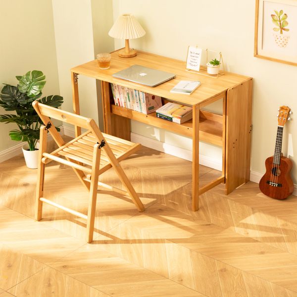 Bamboo Folding Desk, Space-Saving Computer Desk for Small Spaces, Foldable Study Table for Bedroom, Home Office, Dorm, Apartment, Natural Color