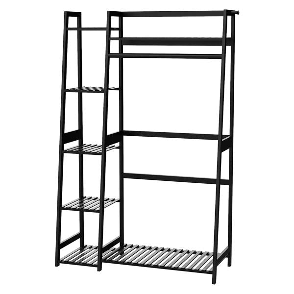 Bamboo Garment Rack with Shelves, Clothing Rack for Hanging Clothes, Freestanding Closet Organizer for Living Room Bedroom Entryway Bathroom Office, CR-538 Black