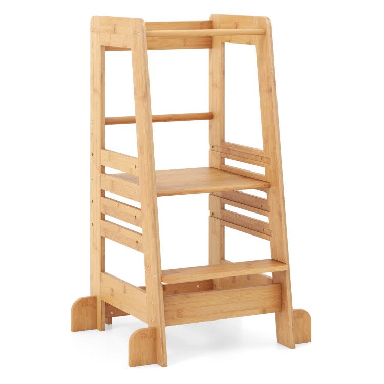 Bamboo Kids Kitchen Step Stool with Adjustable Height and Safety Rails