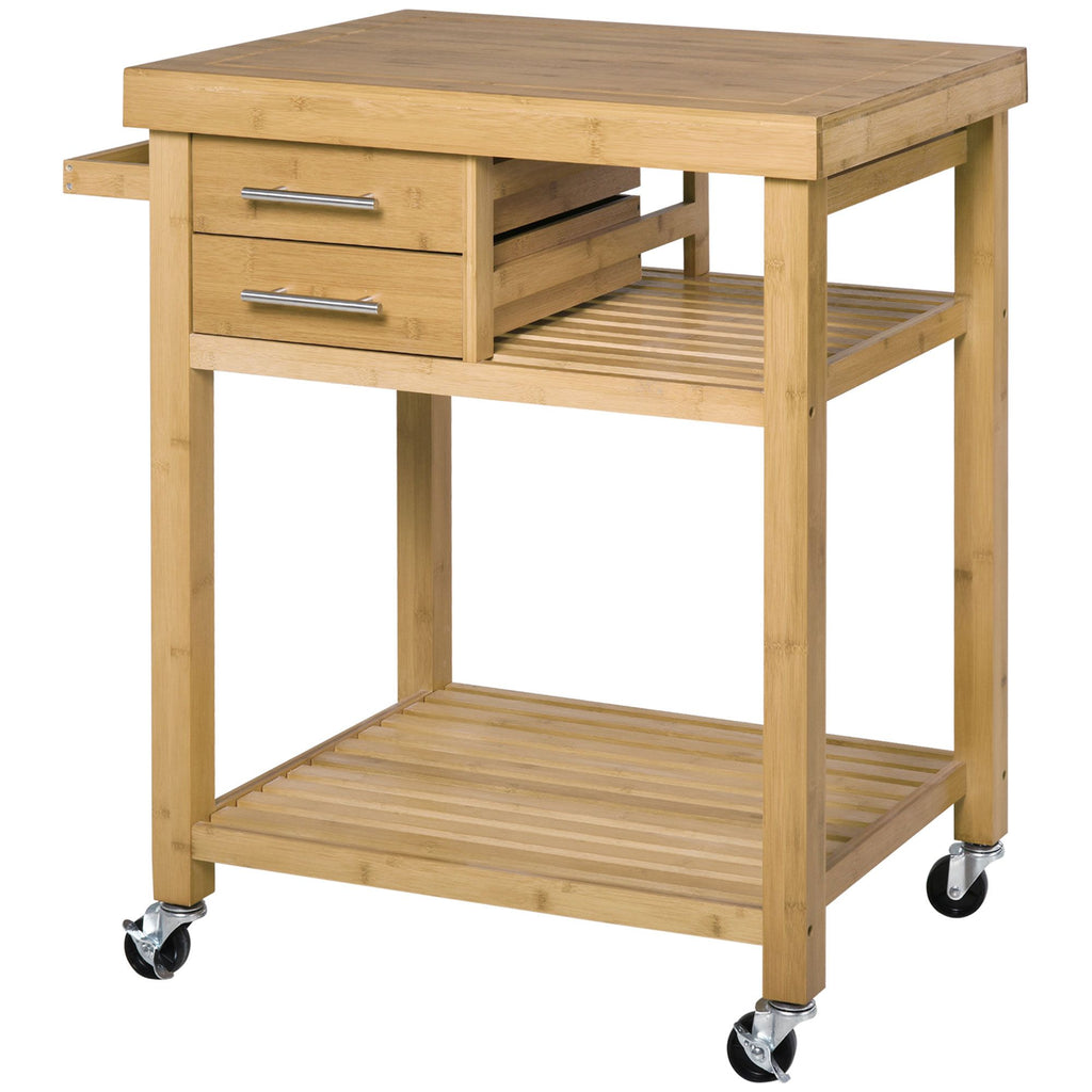 Bamboo Kitchen Island Cart on Wheels - Utility Trolley with 2 Drawers & Open Shelves, Bamboo Tone
