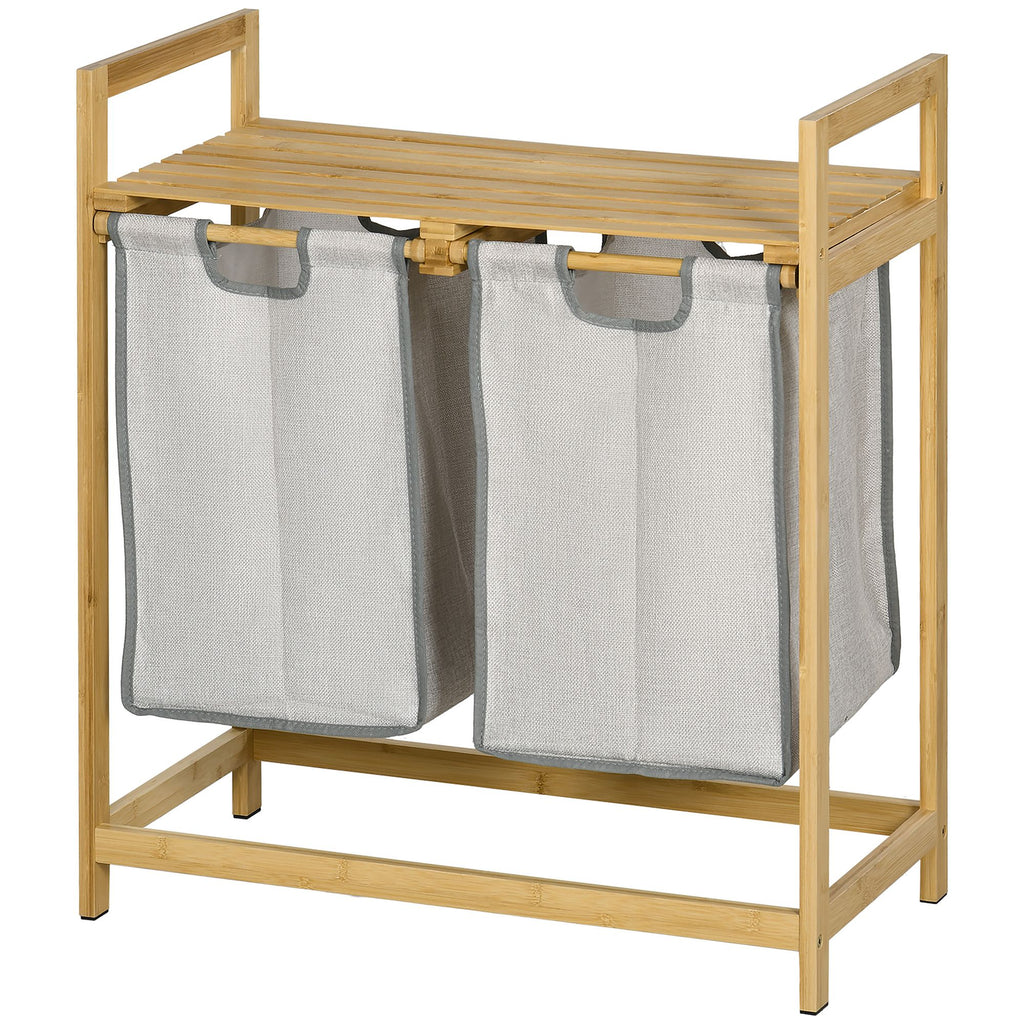 Bamboo Laundry Basket, Double Laundry Hamper with Shelf, 2 Pull-Out and Removable Bags, Natural Wood and Dark Gray