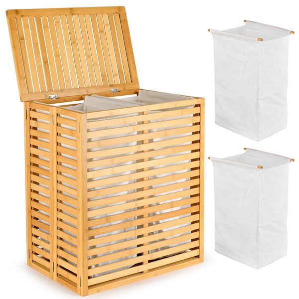 Bamboo Laundry Hamper with Lid – Foldable Clothes Basket with 2-Section Removable Liner Bag, Space-Saving Laundry Sorter for Bathroom, Bedroom, and Laundry Room (Natural, 21.69'L x 13.85'W x 25.39'H)