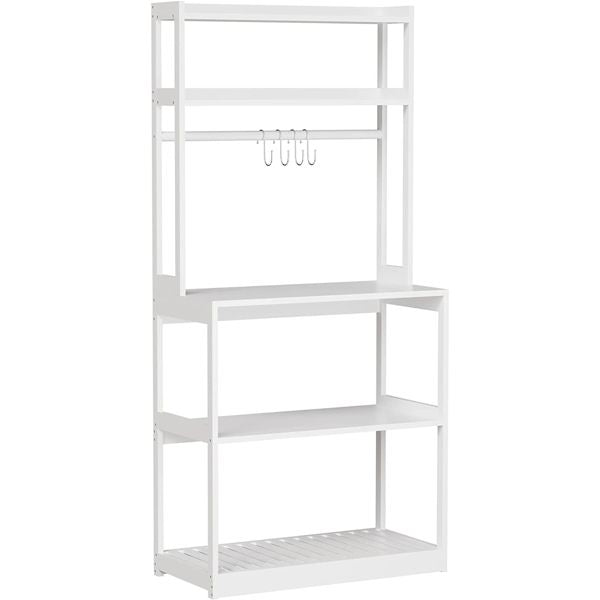 Bamboo Microwave Stand, Bakers Racks for Kitchens with Storage Shelves, 5 Tier Kitchen Stand with 4 Hooks, Heavy Duty Shelving for Kitchens, Living Room, Hallway, Balcony