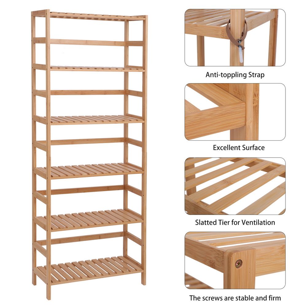 Bamboo Shelf 6 Tier, 63.4 Inches Height Free Standing Bookshelf Plant Flower Stand Rack Bathroom Storage Tower, Multipurpose Utility Organizer Shelf