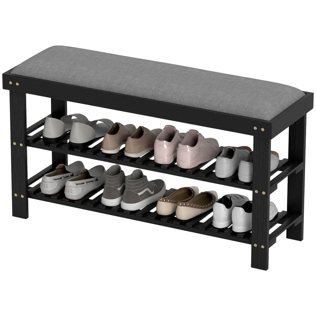 Bamboo Shoe Storage Bench, 3-Tier Entryway Bench with Cushion, Shoe Organizer for Entryway, Hallway, Black