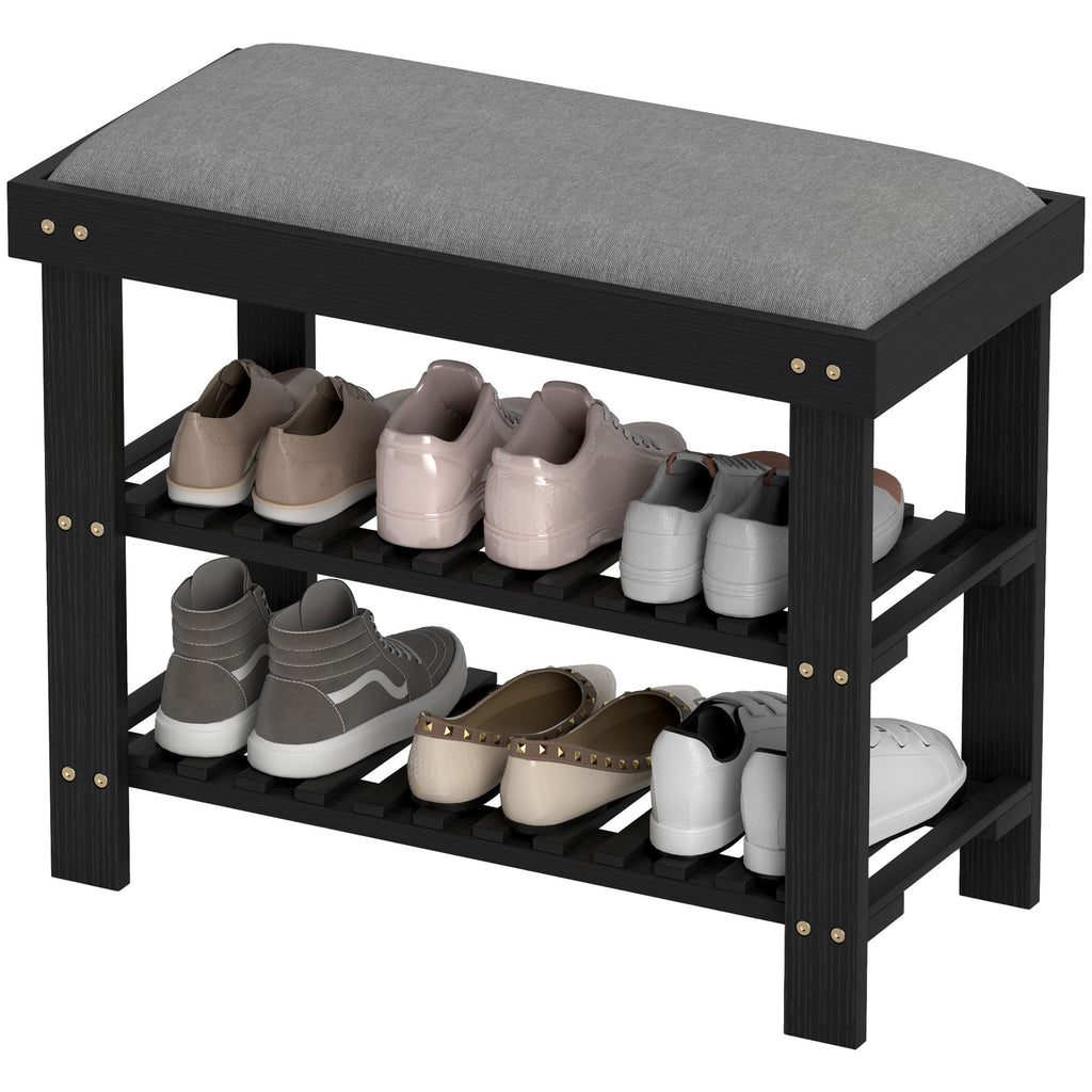Bamboo Shoe Storage Bench, 3-Tier Entryway Bench with Cushion, Shoe Organizer for Entryway, Hallway, Black