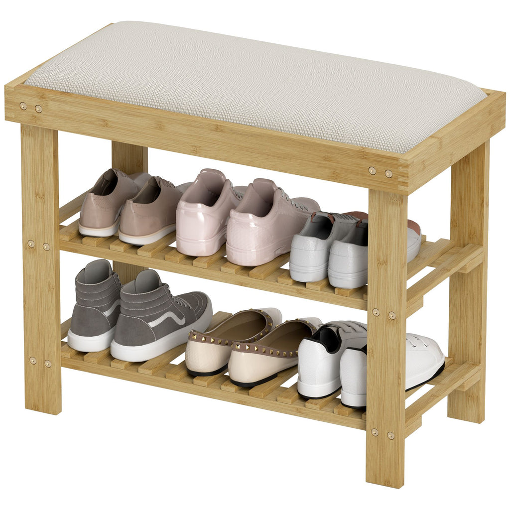 Bamboo Shoe Storage Bench, 3-Tier Entryway Bench with Cushion, Shoe Organizer for Entryway, Hallway, Cream White