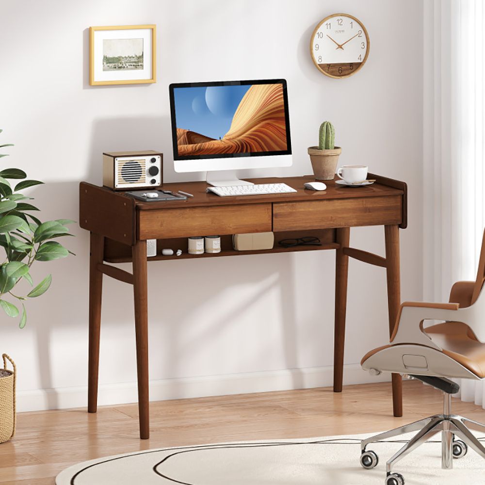 Bamboo Writing Desk with 2 Storage Drawers and Open Shelf