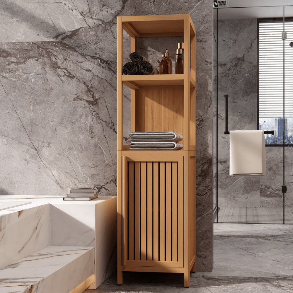 BambooStorageCabinet, Freestanding TallStorageTower with ShelvesandDoorsforBathroom Living Room,Natural