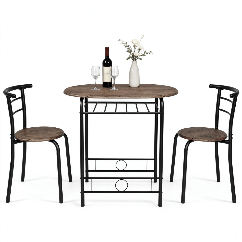 Ban on AM Sales1 Table 2 Chairs Dining Table Set, Oval MDF Tabletop, Black Metal Frame, KD Knock Down Modern Dining Furniture, Grey Brown & Black Finish