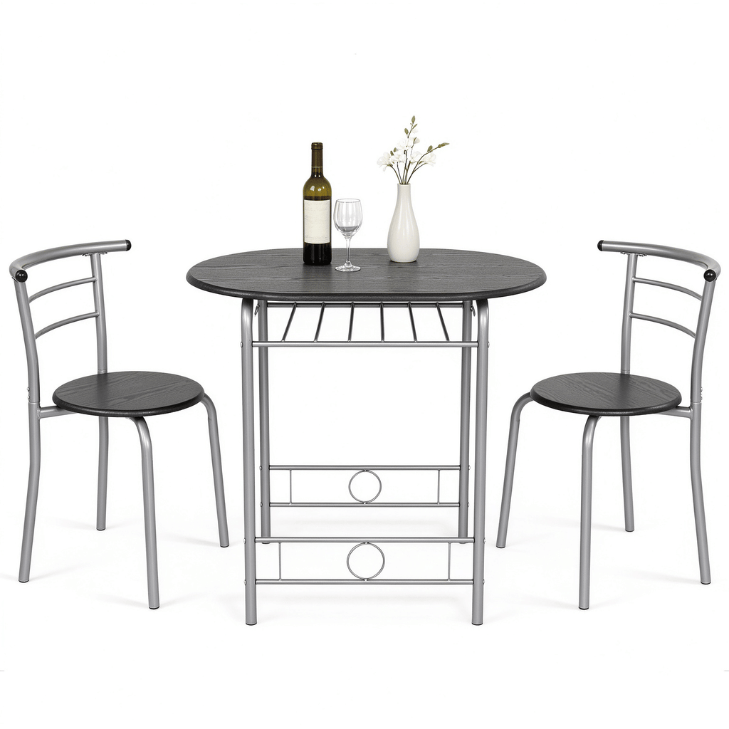 Ban on AM Sales1 Table 2 Chairs Dining Table Set, Oval Tabletop, MDF & Metal Frame, KD Assemble Dining Furniture, Black & Silver Gray