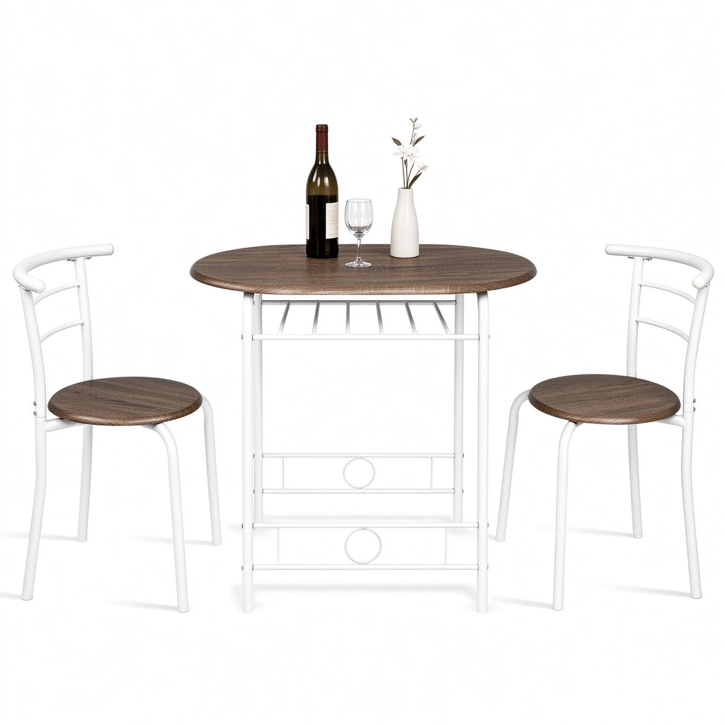 Ban on AM Sales1 Table 2 Chairs Dining Table Set, Oval Tabletop, MDF & Metal Frame, KD Assemble Dining Furniture, Brown & White