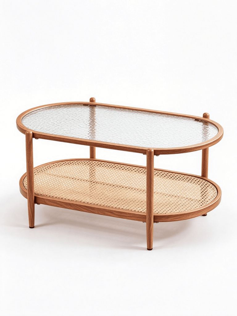 Ban on AM Sales2-Tier Oval Coffee Table, Water Ripple Glass Top, PE Rattan & Iron Frame, 37.8"19.7"18.1", Heat Transfer Wood Grain