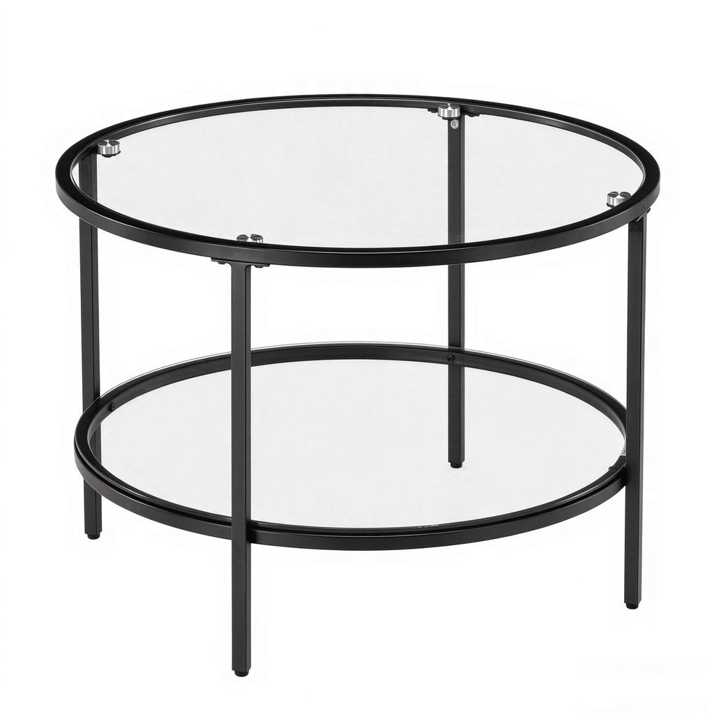 Ban on AM Sales2-Tier Round Coffee Table, Glass Top, Iron Frame, 25.6"25.6"19.3", Matte Black