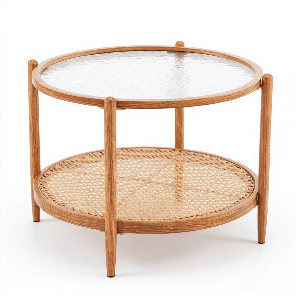 Ban on AM Sales2-Tier Round Coffee Table, Water Ripple Glass Top, PE Rattan & Iron Frame, 25.6"25.6"18.5", Heat Transfer Wood Grain