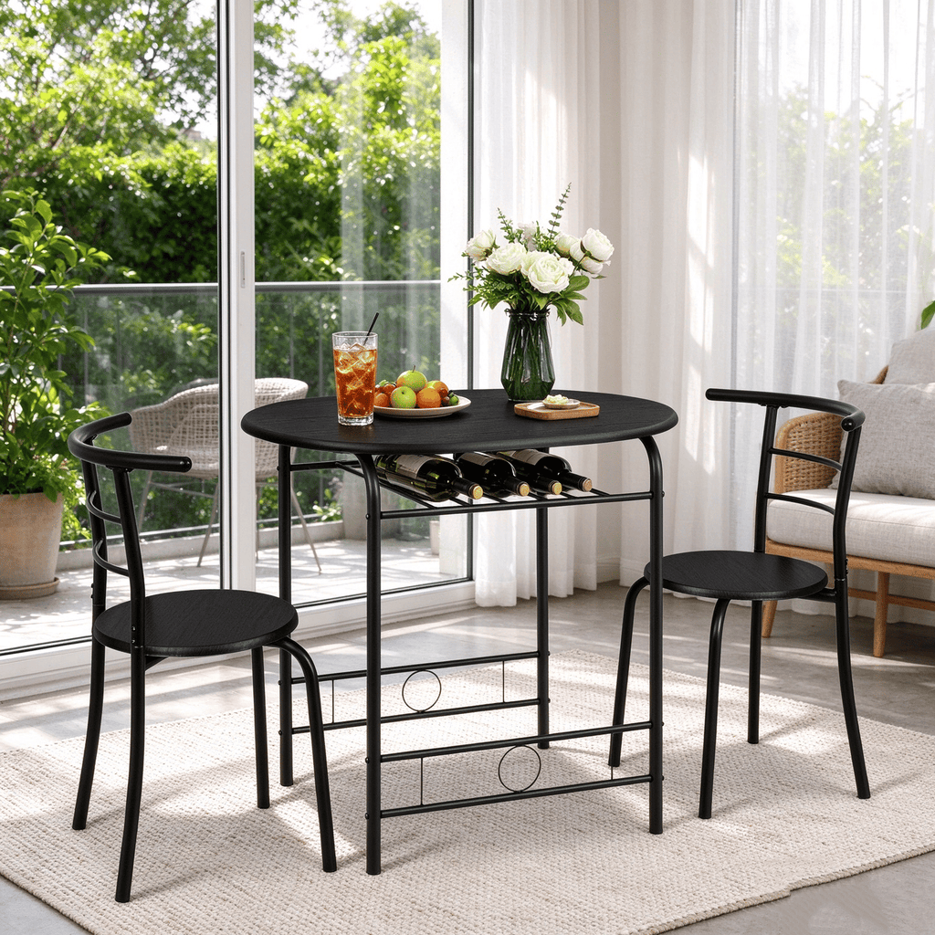 Ban on AM Sales(85x60x76cm) Black Wood Grain PVC Black Painted Breakfast Table and Chair Set Larger Version (One Table and Two Chairs)