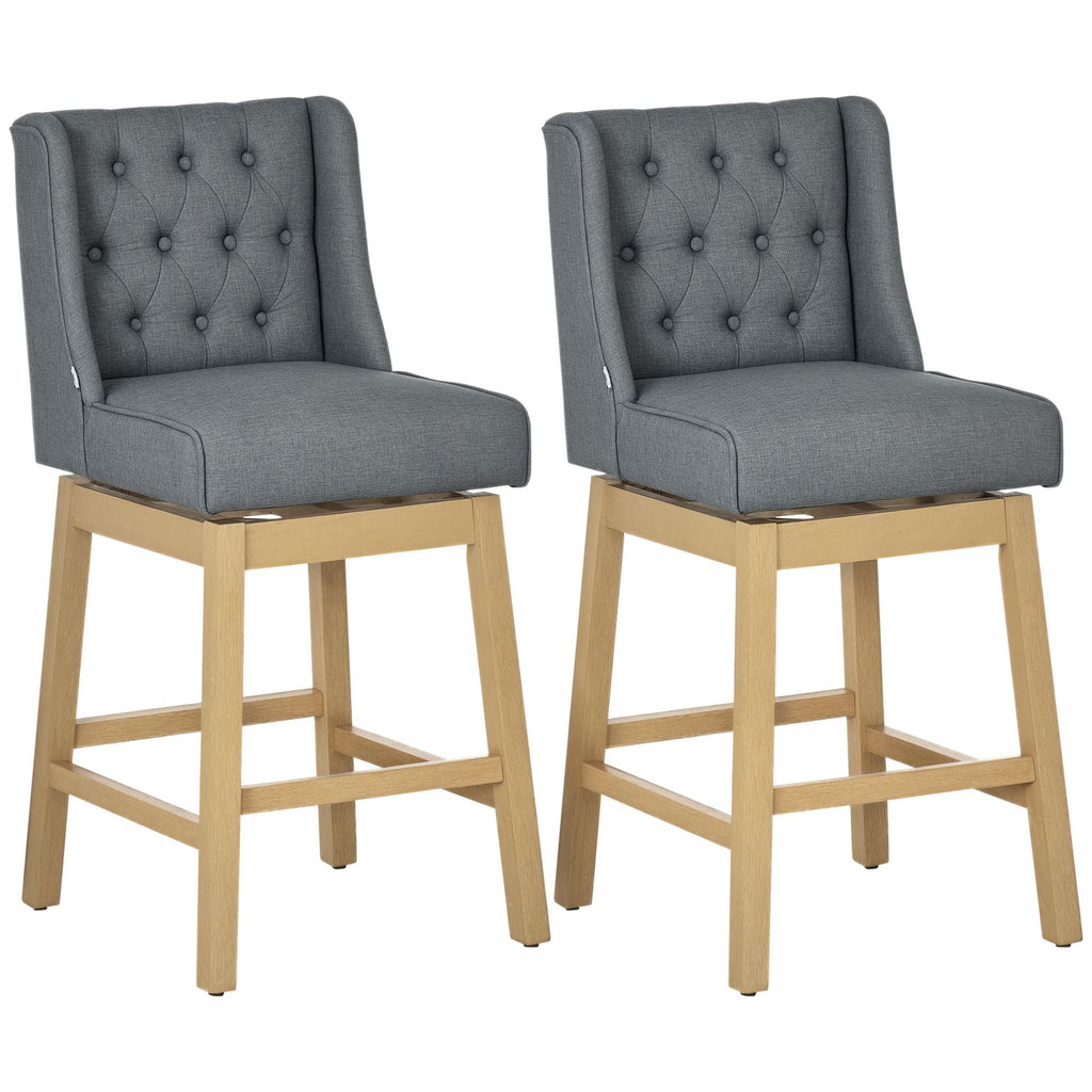 Bar Height Bar Stools Set of 2, 180 Degree Swivel Barstools with Solid Wood Footrests and Button Tufted Design, 30" Seat Height Bar Chairs for Kitchen Island, Gray