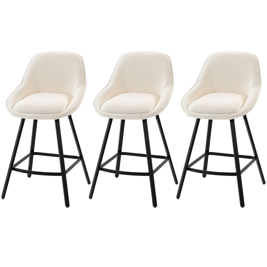 Bar Stools Modern Chenille 360° Swivel Barstools Counter Height Backrest Footrest Set 3, Cream White