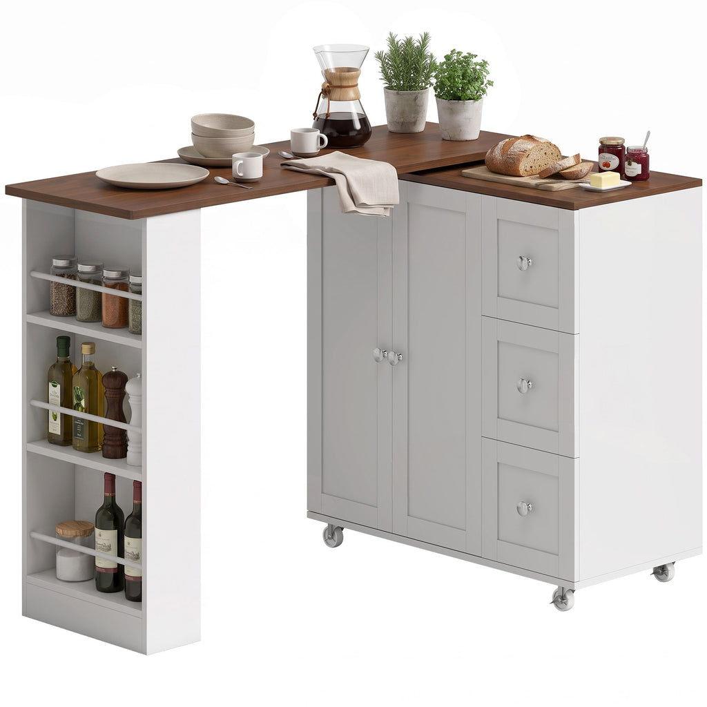 Bar Table with Storage Counter Height Table 3 Drawers Side Shelves, Walnut and White