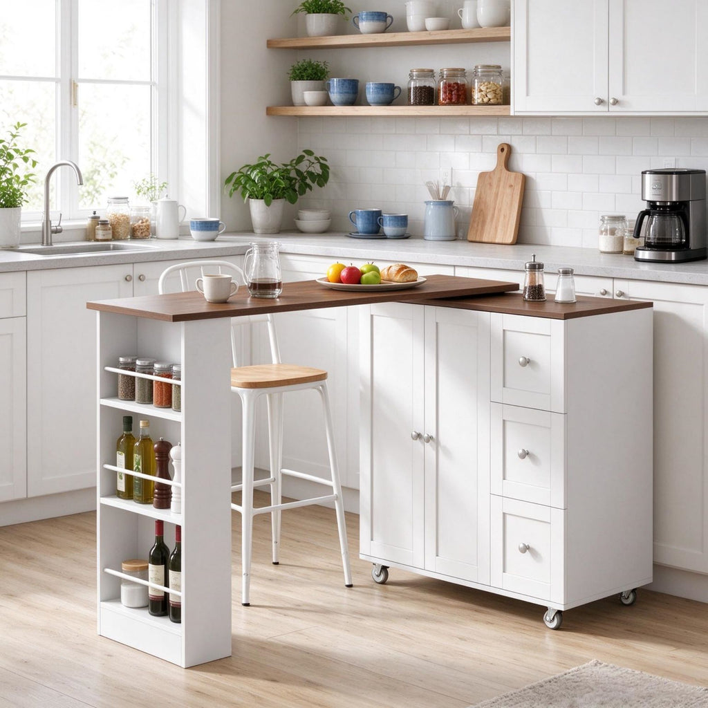 Bar Table with Storage with 3 Drawers and Side Shelves for Dining Room, Apartment & Small Space