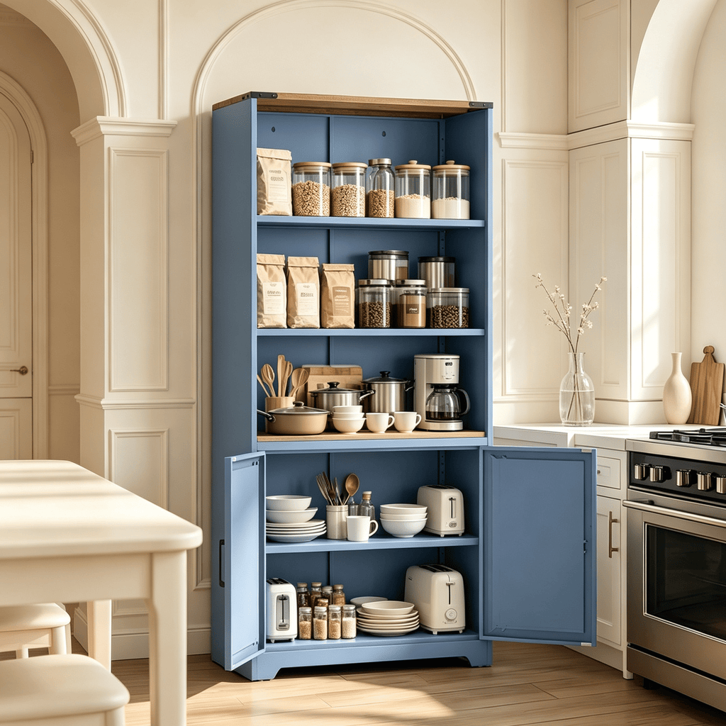Barn door 3-tier display case, 69.7 31.5 15.4 inches, steel display case with vintage blue and contrasting wood grain