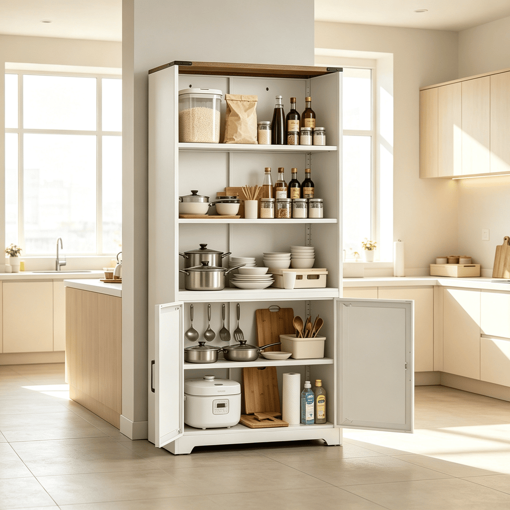 Barn door 3-tier steel display case, 69.7 31.5 15.4 inches, off-white with contrasting wood grain