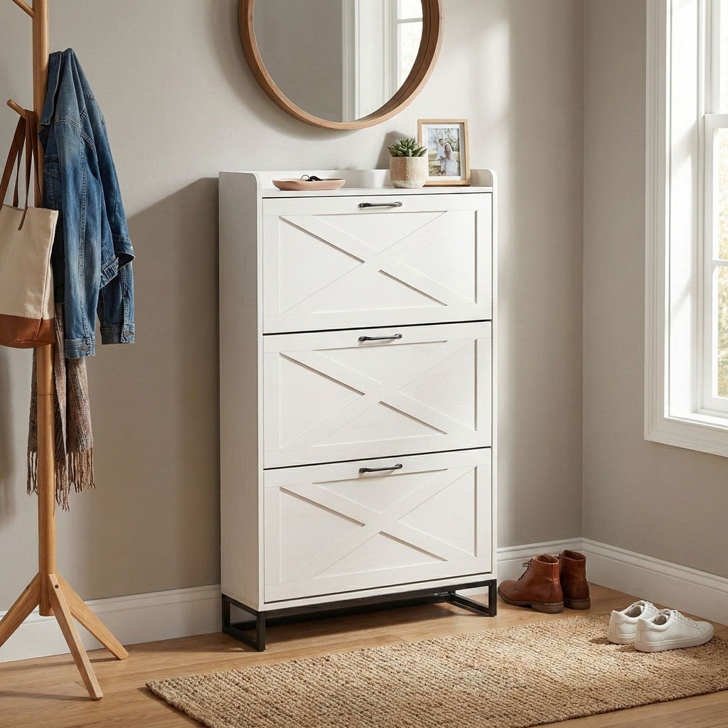 Barn door three-drawer cabinet with top panel; shoe cabinet; particleboard; 80*24*145cm; distressed white