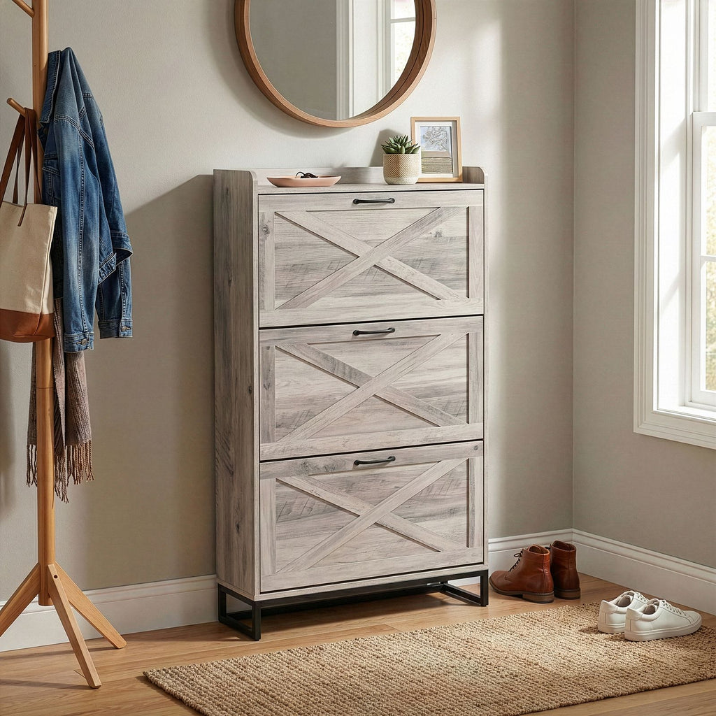 Barn door three-drawer cabinet with top panel; shoe cabinet; particleboard; 80*24*145cm; washed gray finish