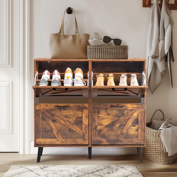 Barn door with 4 flip-down drawers, black metal single-sided handle + melamine particleboard + black solid wood plastic-sealed tapered legs. Shoe cabinet, 106*24*98cm, rotten wood color
