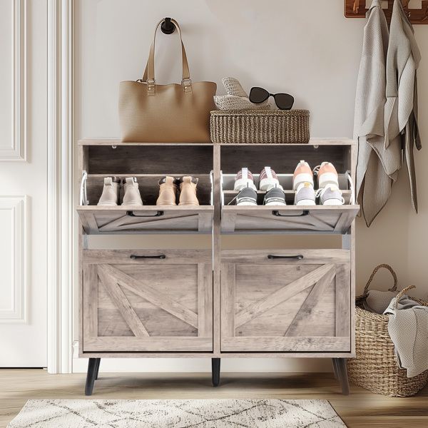Barn door with 4 flip-down drawers, black metal single-sided handle + melamine particleboard + black solid wood plastic-sealed tapered legs; shoe cabinet, 106*24*98cm, washed grey finish