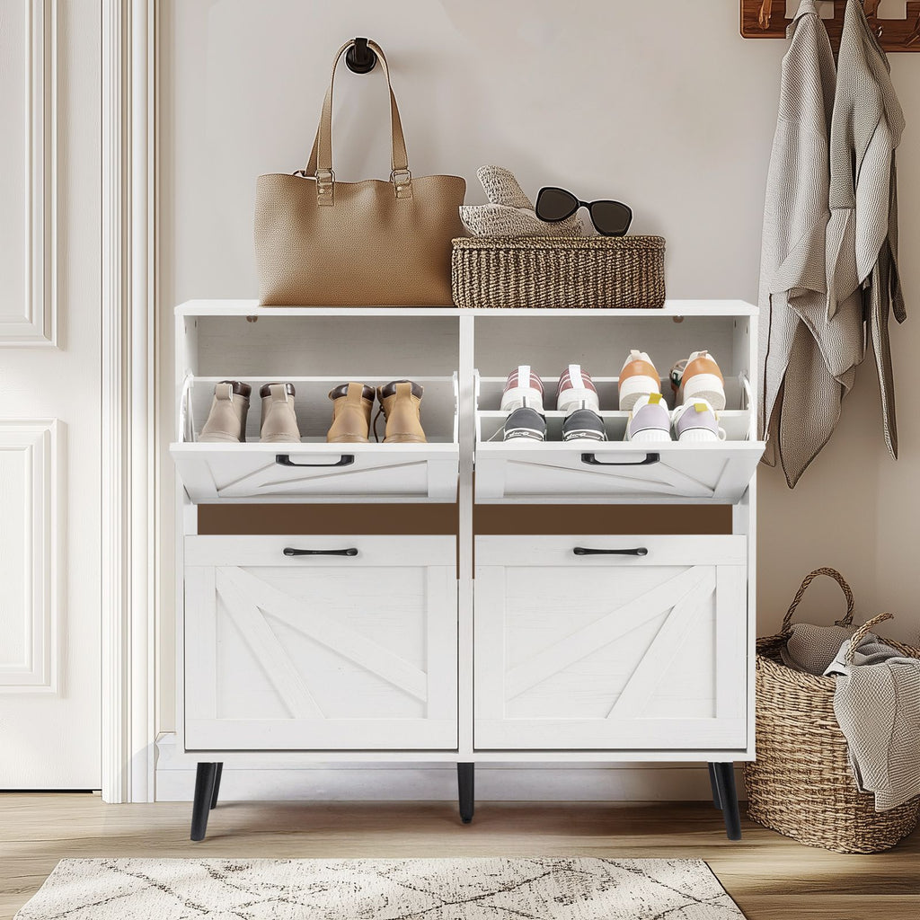 Barn door with 4 flip-down drawers, black metal single-sided handle + melamine particleboard + black solid wood tapered legs. Shoe cabinet, 106*24*98cm, distressed white
