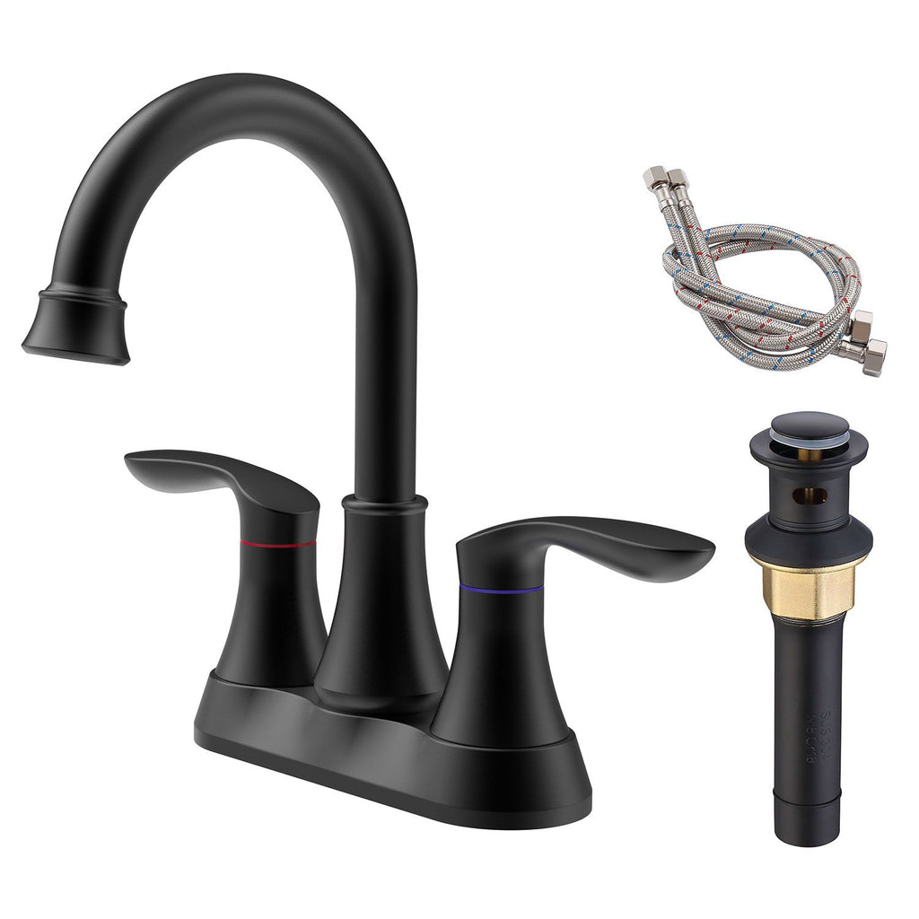 Bathroom Faucet Matte Black with Pop-up Drain & Supply Hoses 2-Handle 360 Degree High Arc Swivel Spout Centerset 6 Inch Vanity Sink Faucet 4011B-MB[Unable ship weekends, TK/TEMU only for pickup]