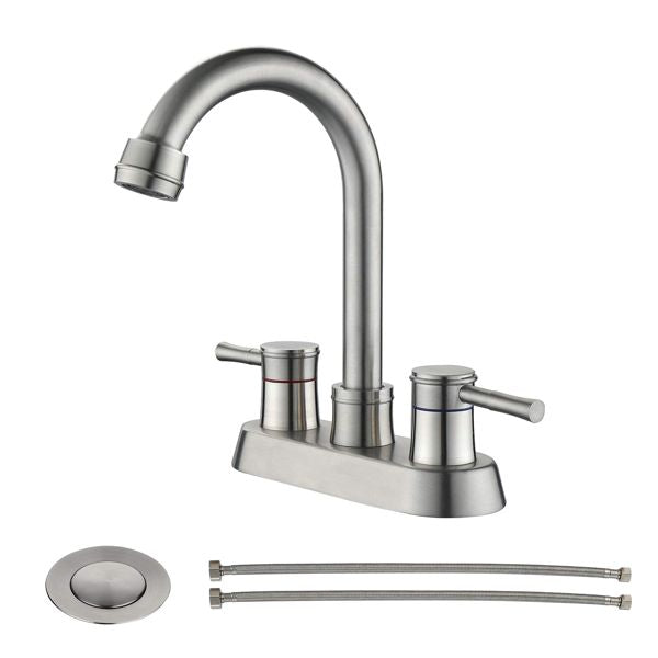 Bathroom Faucet with Pop-Up Sink Drain; Brushed Nickel Bathroom Sink Faucet 3-Hole Stainless Steel High Arc; Supply Utility Hose for Laundry Vanity Sink Faucet 2 Handle with Overflow