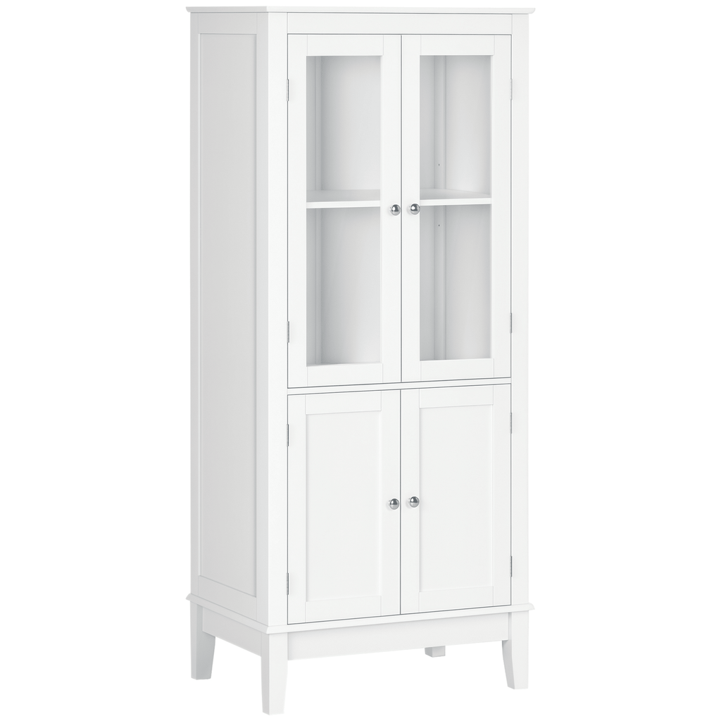 Bathroom Floor Cabinet with 2 Storage Cabinets, Tempered Glass Door, Freestanding Linen Tower with Adjustable Shelves for Living Room, White