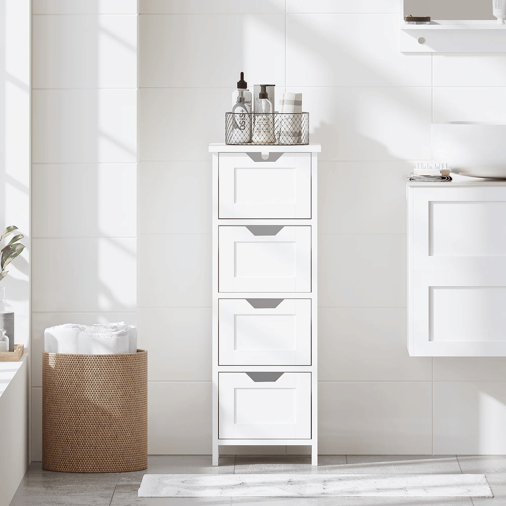 Bathroom Floor Cabinet with 4 Drawer, Freestanding WoodenStorageOrganizerforBathroom & Hallway, White