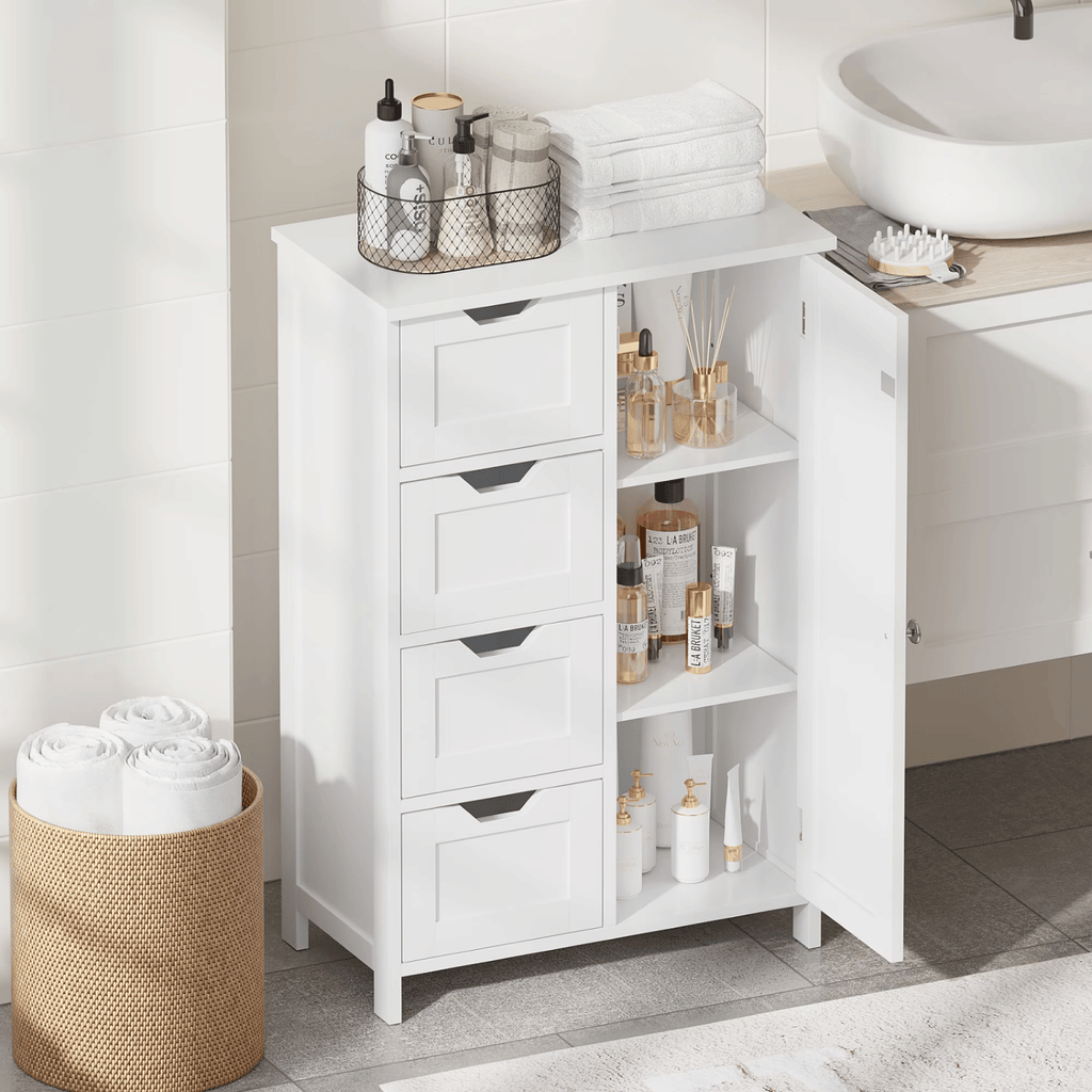 Bathroom Floor Cabinet with 4 Drawers and 1 Door,Freestanding BathroomStorageCabinet,NarrowStorageCabinetforSmall Spaces,Home,White