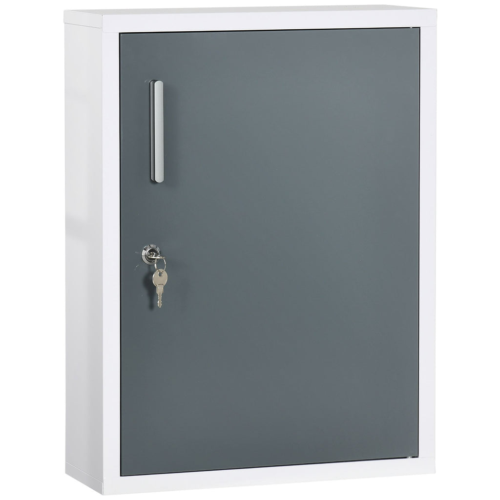 Bathroom Medicine Cabinet with Shelves Inside & On Door, Locking Medical Cabinet for Child & Pet Safety, First Aid Bathroom Wall Cabinet, White and Gray
