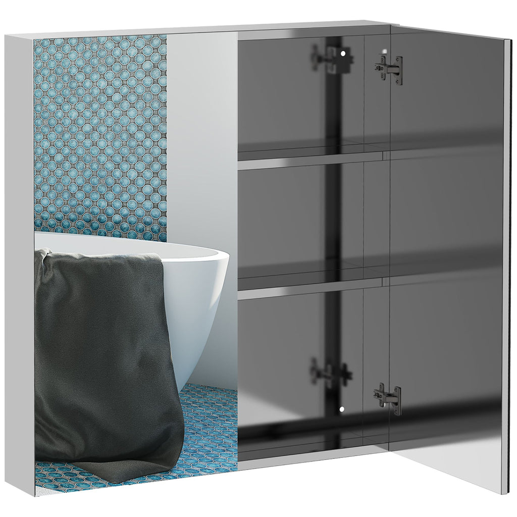 Bathroom Mirrored Cabinet, 24"x26" Stainless Steel Frame Medicine Cabinet, Wall-Mounted Storage Organizer with Double Doors, Silver