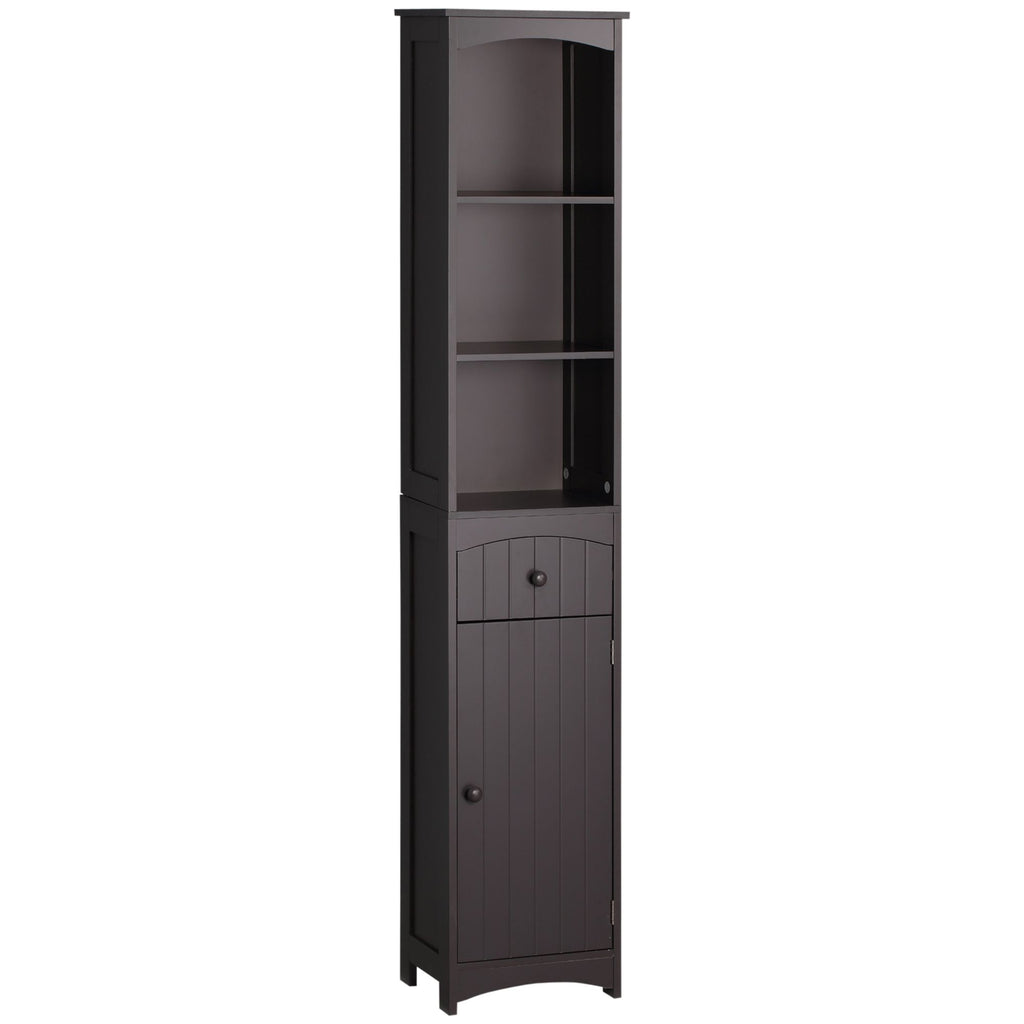 Bathroom Organization Haven: Brown Freestanding Tall Linen Tower with 3 Shelves & Drawer