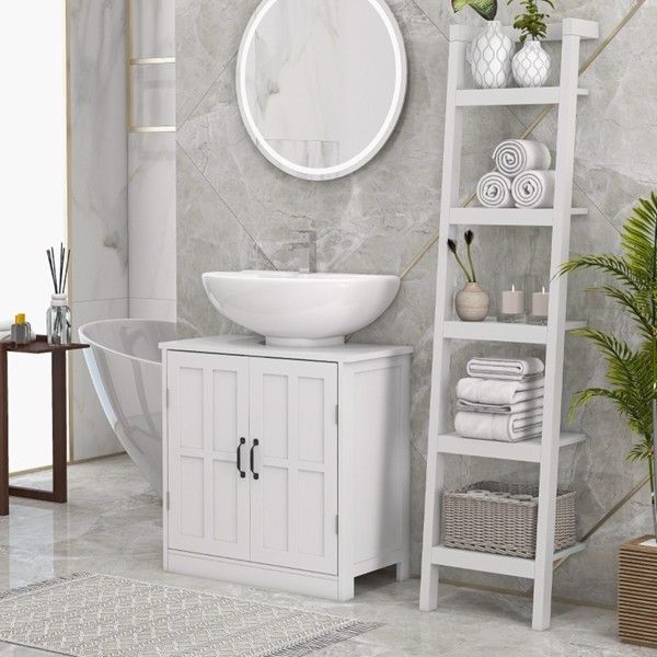 Bathroom Sink Cabinet, Pedestal Sink Cabinet with Adjustable Shelf, White-AS