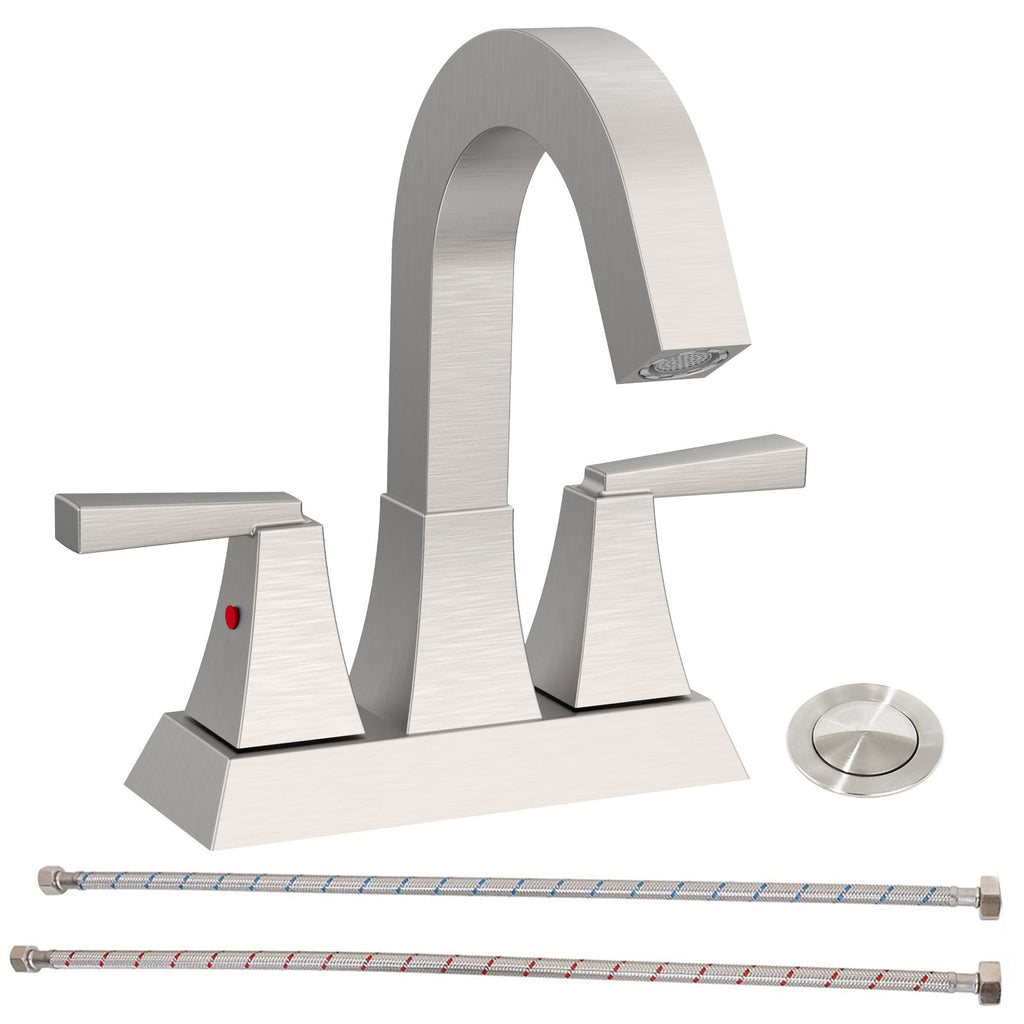 Bathroom Sink Faucet Brushed Nickel 2-Handle 4 Inch Center-Set Bathroom Sink Faucet, Sink Drain with Overflow Hole and 2 Supply Lines Included[Unable ship weekends, TK/TEMU only for pickup]