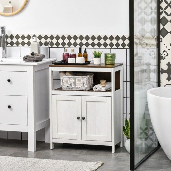 Bathroom Storage Cabinet-White and Walnut
