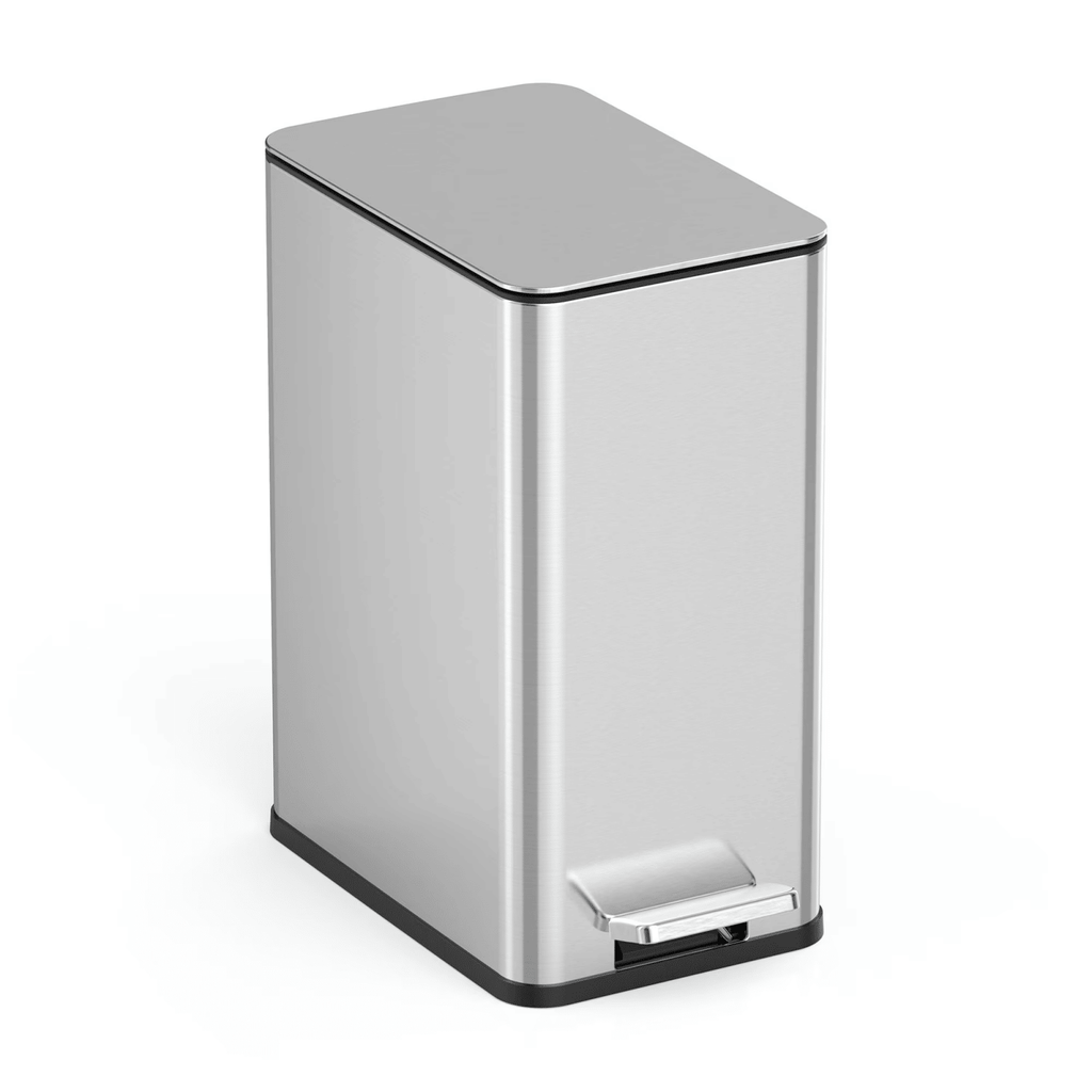 Bathroom Trash Can, 2.6 Gallon Stainless Steel, Step Garbage Bin with Soft Close Lid, Silver