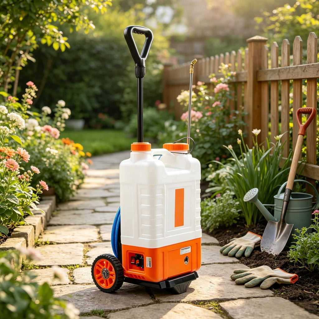 Battery Powered Backpack Sprayer with Cart, 4 Gallon Wheeled Tank, 0-94 PSI Adjustable Pressure, 8 Nozzles and 2 Wands for Weeding Spraying Cleaning