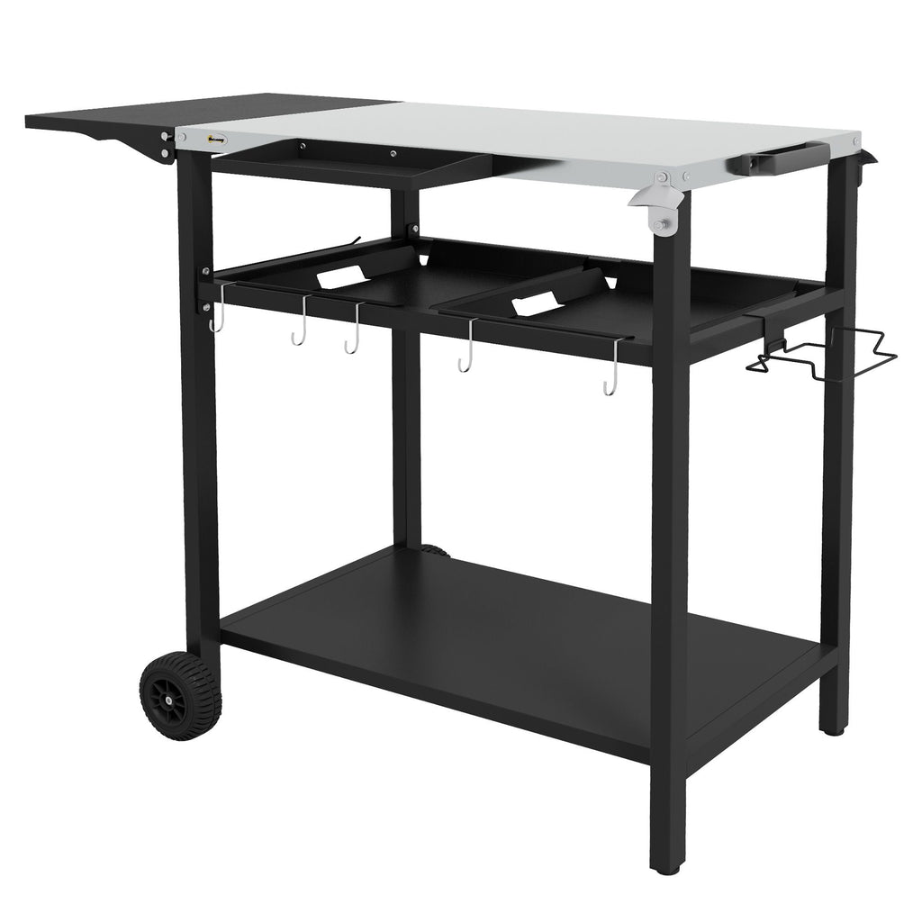 BBQ Island: Black Outdoor Kitchen Cart with Stainless Steel Top, Dual Shelves for Culinary Adventures|