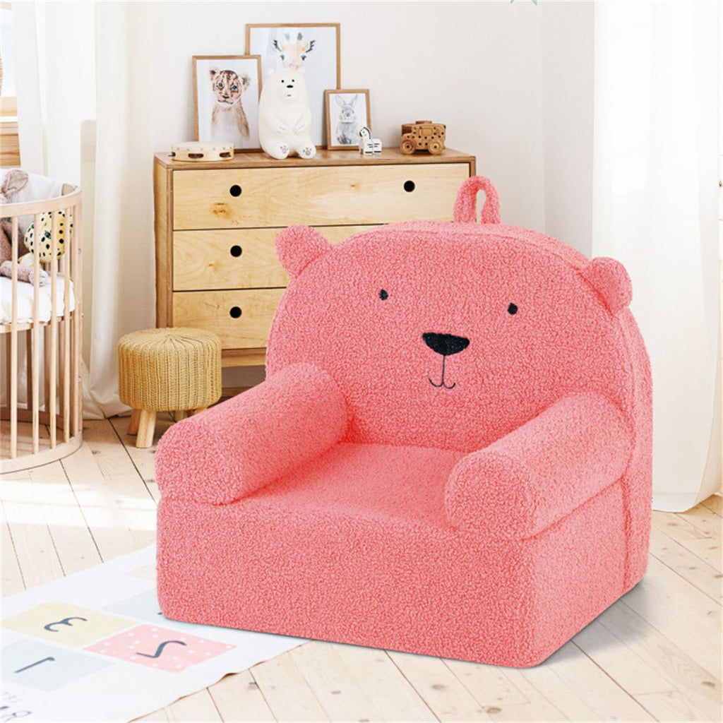 Bear-Shaped Kids Sofa, Teddy Fleece Foam Chair for Toddlers 3+, Portable Bear-Shaped Couch (Pink)