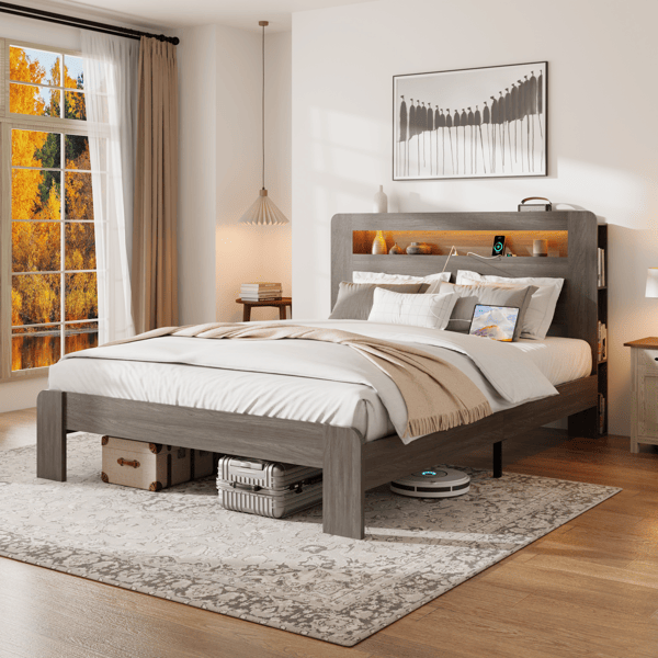 Bed Frame King Size, Wood Platform Bed Frame with Storage LED Light Headboard and 2 USB , Noise Free,No Box Spring Needed and Easy Assembly Tool,Large Under Bed Storage,Dark Grey