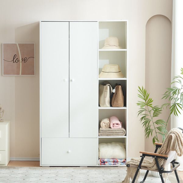 Bedroom Armoire, Wardrobe Armoire Closet, Drawers and Shelves, Handles, Hanging Rod, for Bedroom , White